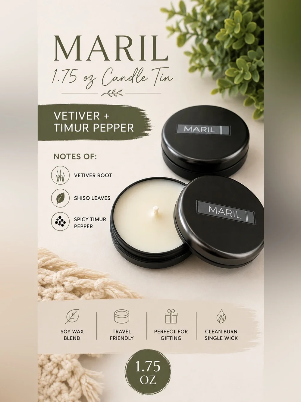 MARIL | Vetiver + Timur Pepper Tin Candle - Soy Blend
